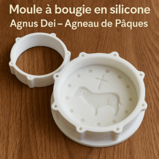 Moule à bougie en silicone Agnus Dei – Agneau de Pâques avec support imprimé en 3D, idéal pour la fabrication de bougies en cire d’abeille ou végétale